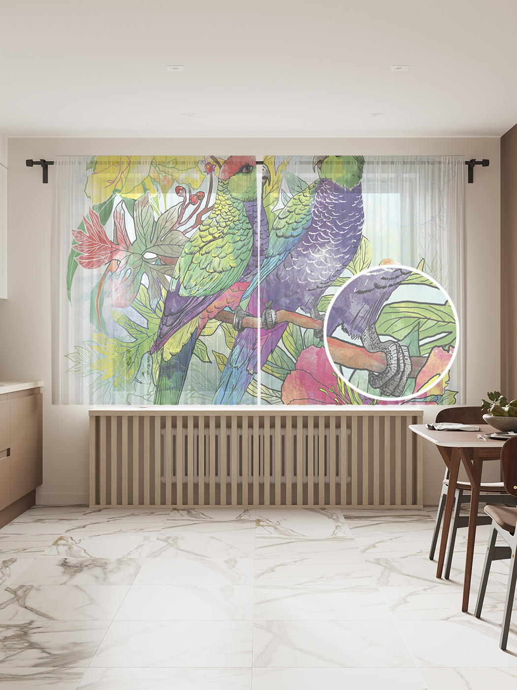 

Фототюль "Пара попугаев в цветах", 145x180 см (2 полотна со шторной лентой + 50 крючков), Пара попугаев в цветах