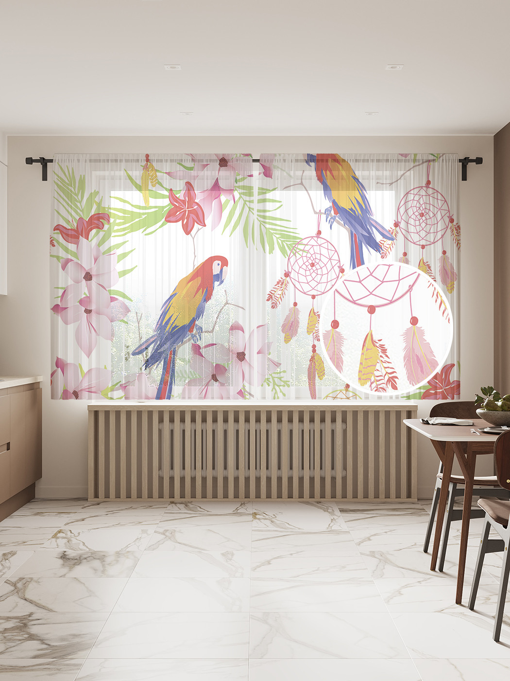 

Фототюль "Попугаи с ловцами снов", 145x180 см (2 полотна со шторной лентой + 50 крючков), Попугаи с ловцами снов