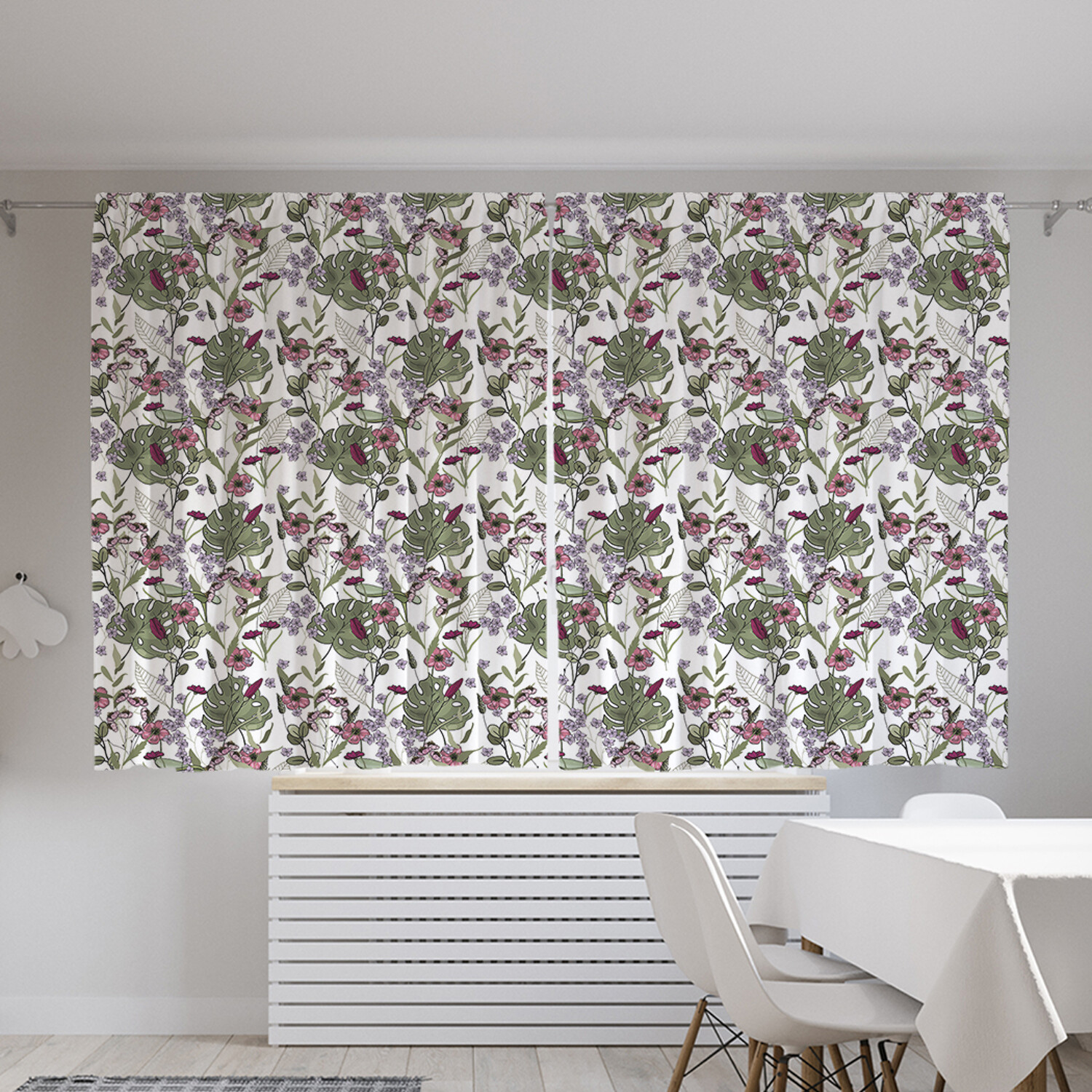 

Классические шторы JoyArty "Лист монстеры и цветы", Oxford DeLux, 2 полотна 145x180 см, Лист монстеры и цветы