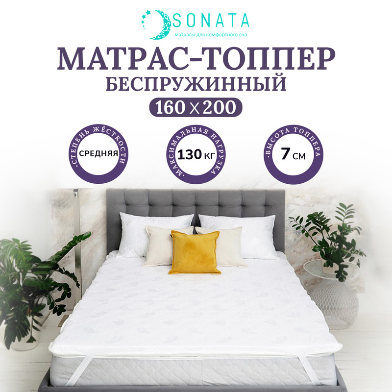 

Топпер-матрас беспружинный ортопедический Sonata 160х200, Белый, с кантом