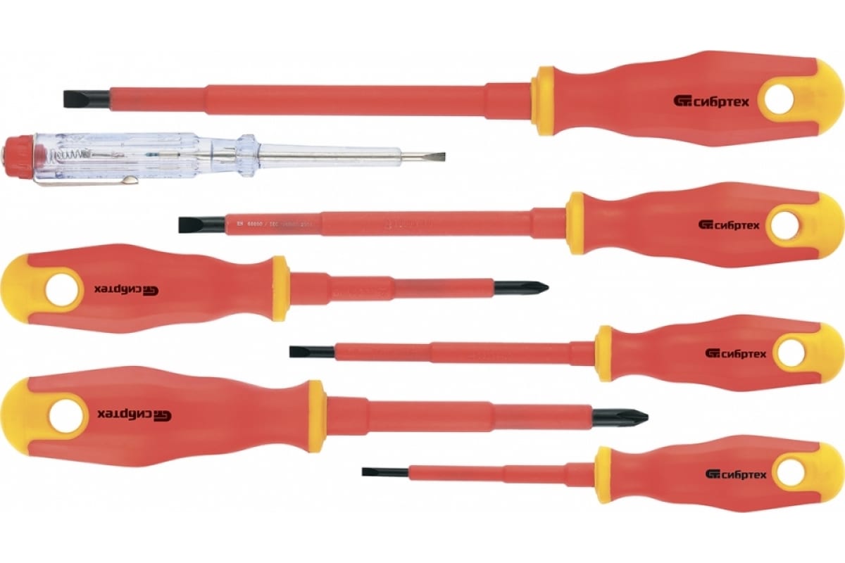 Набор диэлектрических отверток до 1000В СИБРТЕХ 7шт 12936 набор отверток сибртех 13378 для точных работ универсальный 8шт crv