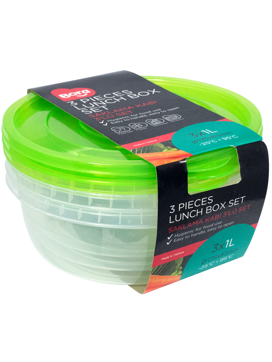 

Контейнер круглый BORA 1 л. Н65хD175 мм 3 шт. уп. крышка салатовая