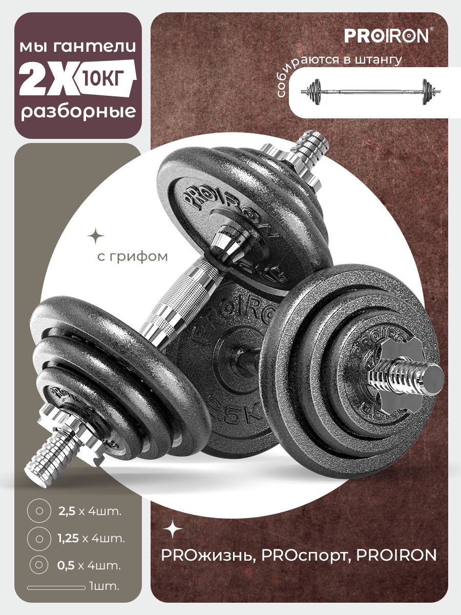 Гантели разборные из чугуна с грифом 2шт по 10кг 7999₽