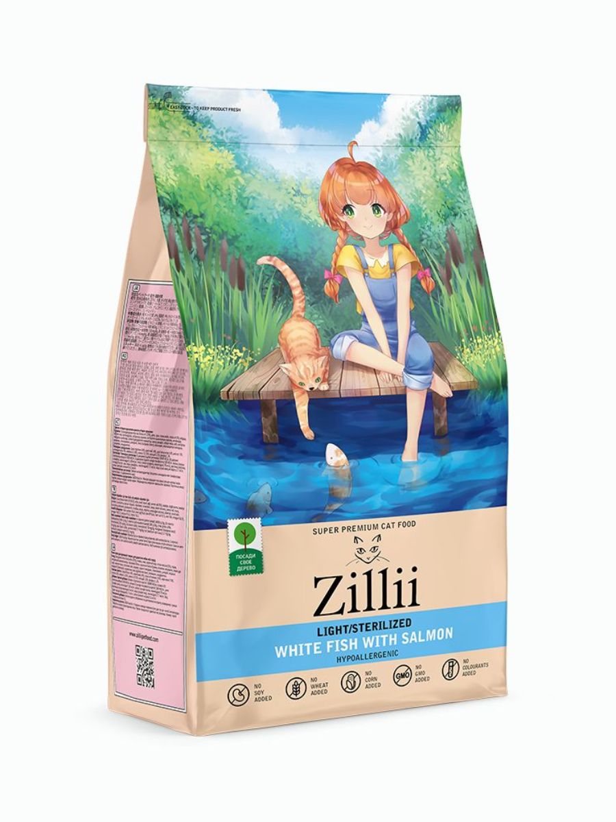 Сухой корм для кошек Zillii Adult Light Sterilized, белая рыба, лосось, 2 кг