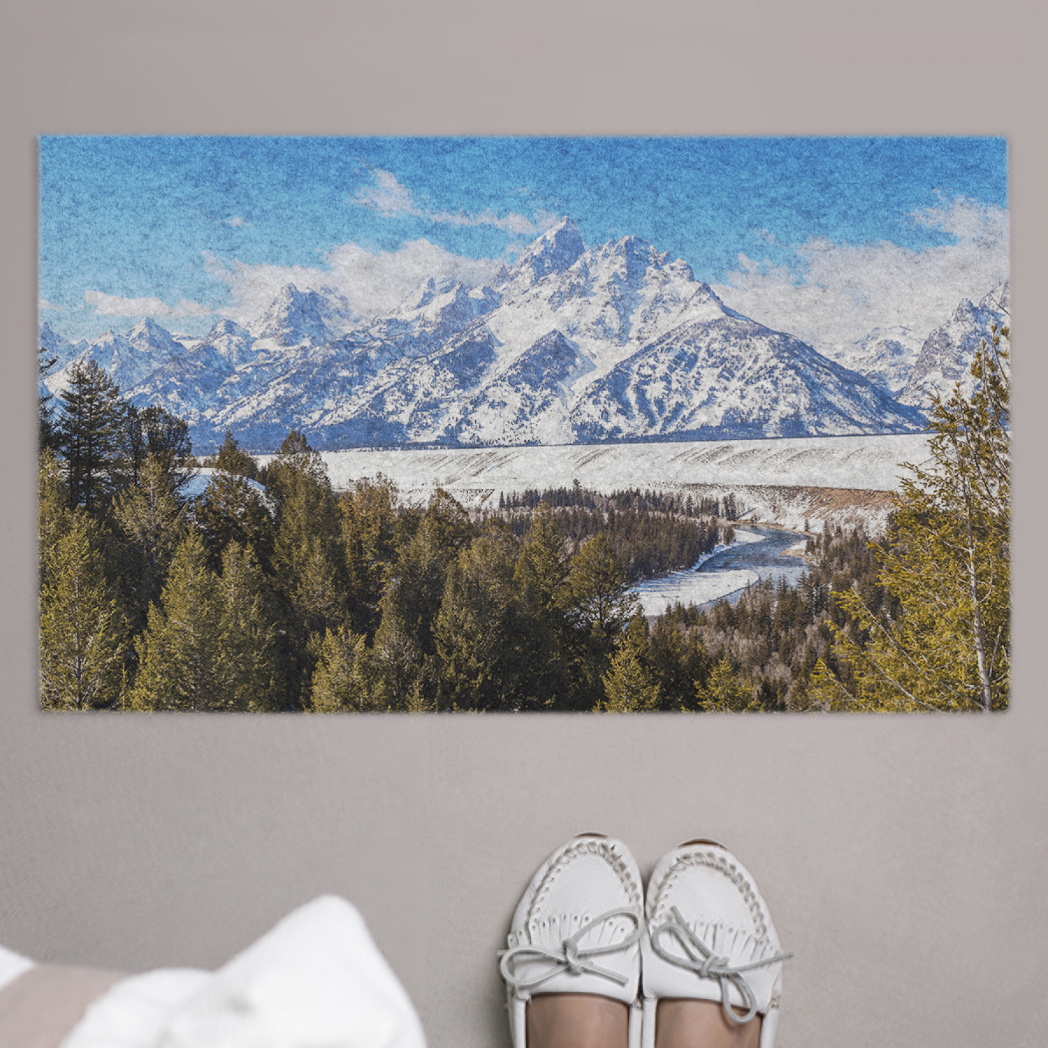 фото Придверный коврик joyarty "зимний ландшафт вайоминга" резиновая основа 75x45 см
