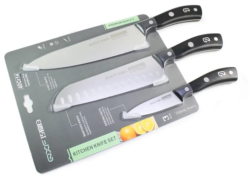 Набор кухонных ножей QXF R-42-3, сталь 40Cr14 (Шеф, универсал, овощной)