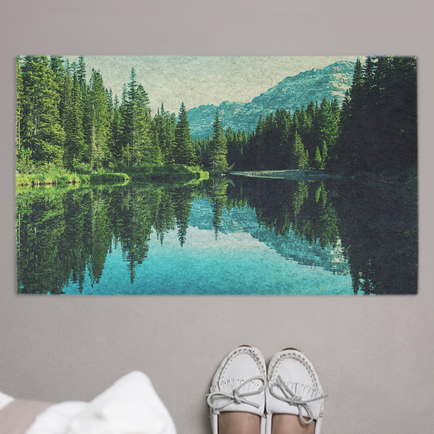 фото Придверный коврик joyarty "стиль на горном озере" резиновая основа 75x45 см