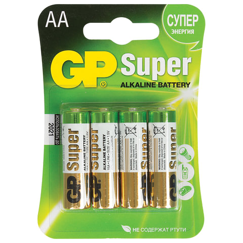Батарейки КОМПЛЕКТ 4 шт., комплект 4 шт., GP Super, AA (LR06, 15А), алкалиновые, пальчиков