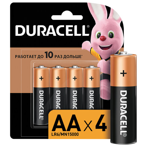 

Батарейки КОМПЛЕКТ 4 шт., комплект 2 шт., DURACELL Basic, AA (LR06, 15А), алкалиновые, пал