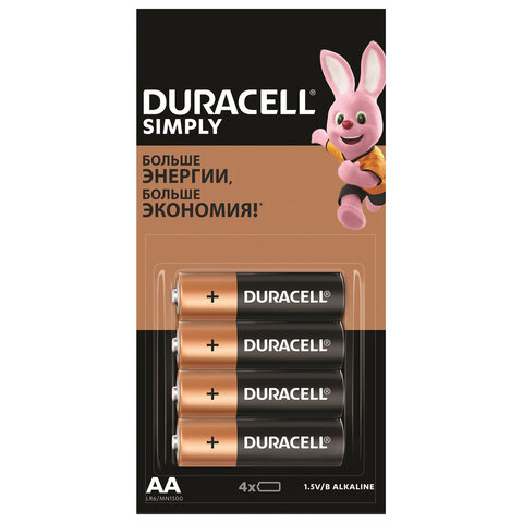 

Батарейки КОМПЛЕКТ 4 шт. (отрывной блок), комплект 4 шт., DURACELL Simply, AA (LR06, 15А),