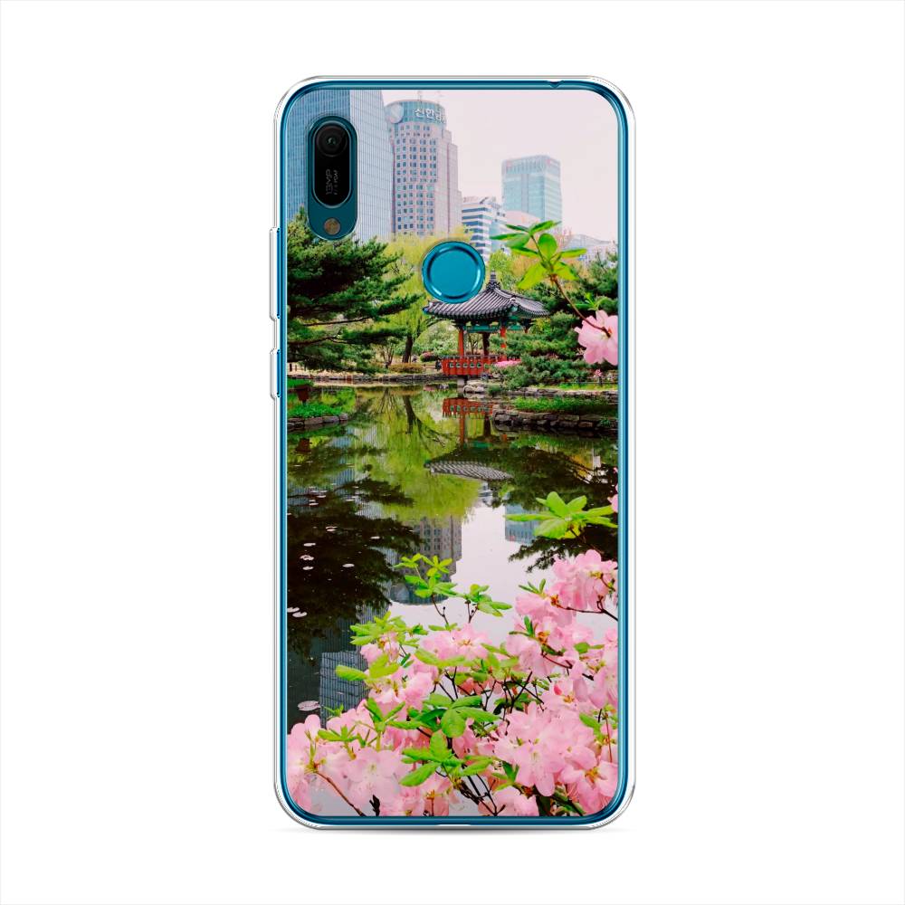 

Чехол на Huawei Y6 2019 "Сакура возле озера", Зеленый;розовый;голубой, 68650-2