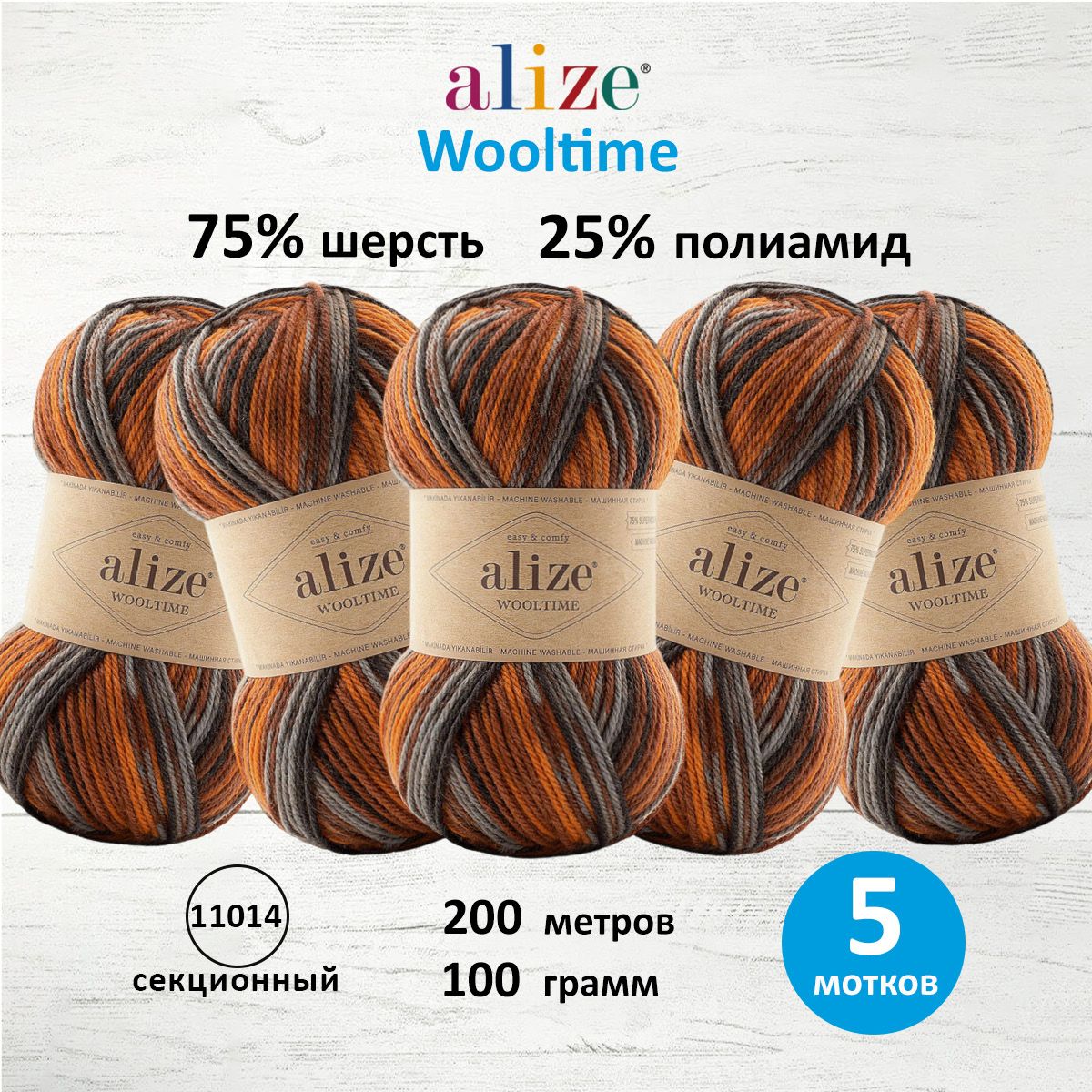 

Пряжа для вязания ALIZE Wooltime 100г, 200м (11014 секционный), 5 мотков, Разноцветный, 7736385