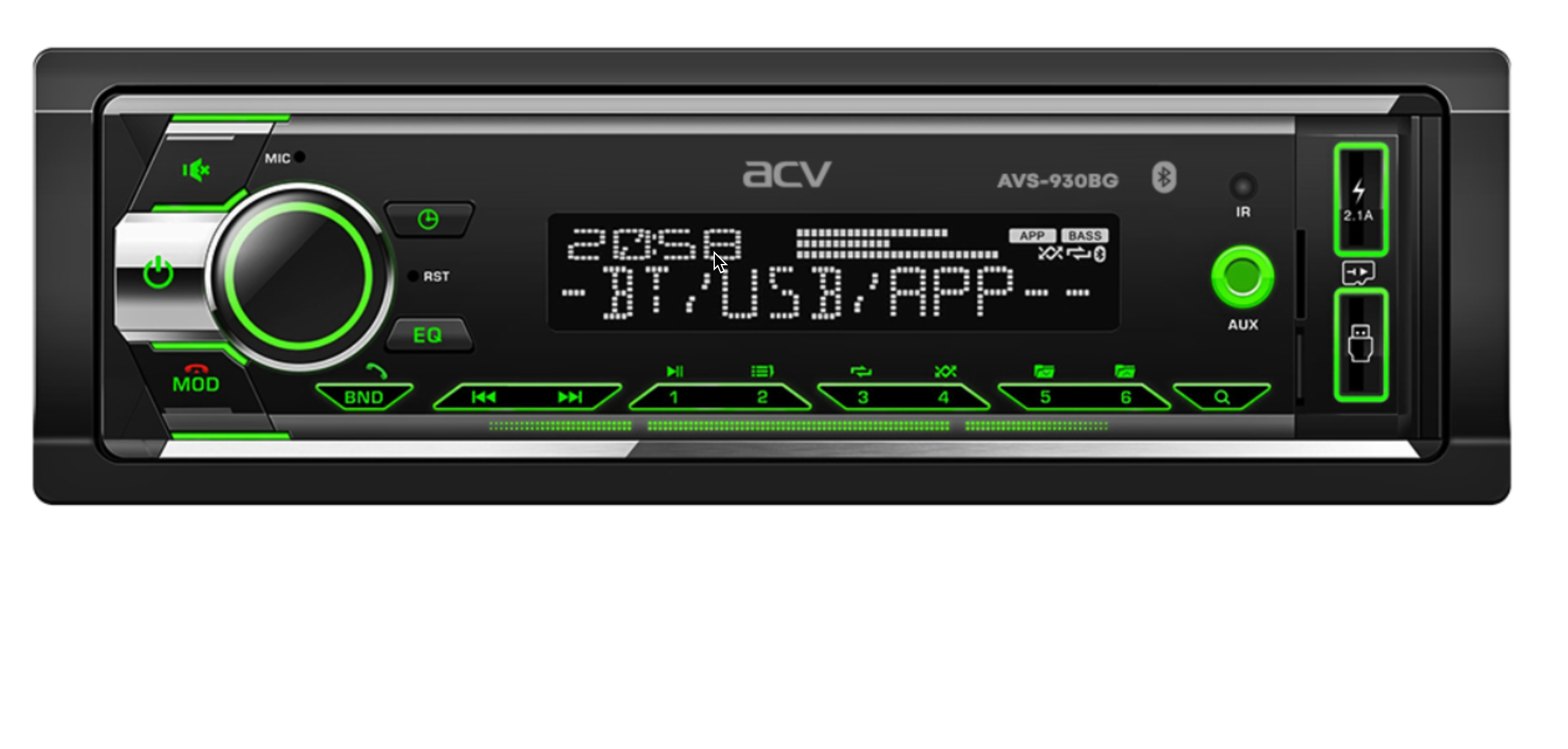 Автомагнитола ACV AVS-930BG 1DIN/зеленая/4*50Вт/USB/SD/FM/Bluetooth