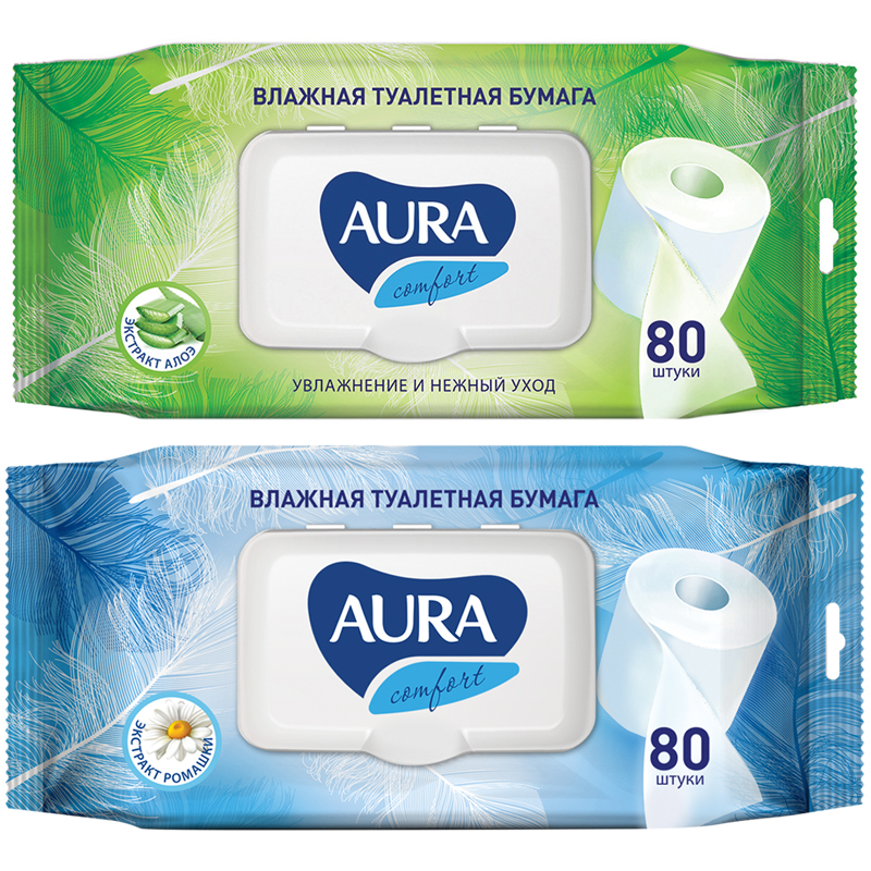 Бумага туалетная влажная Aura Ultra Comfort без спирта 80 листов 12 уп.
