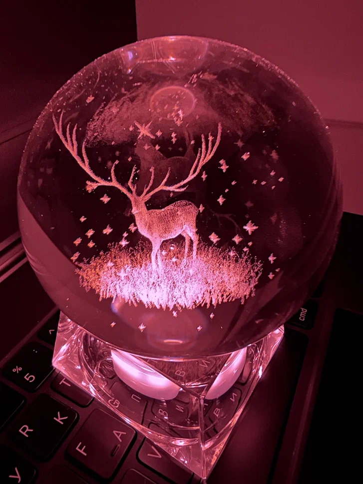 фото Светильник 3d хрустальный шар большой (диаметр 7 см) "олень" красный qvatra