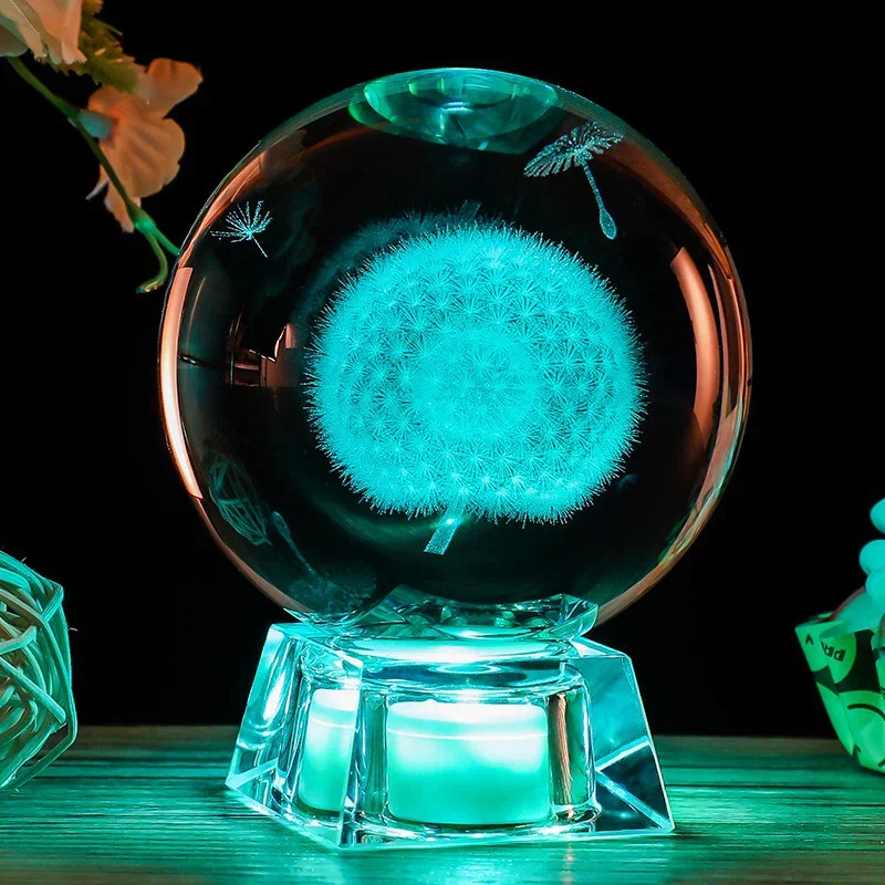 фото Светильник 3d хрустальный шар большой (диаметр 7 см) "одуванчик" зеленый qvatra