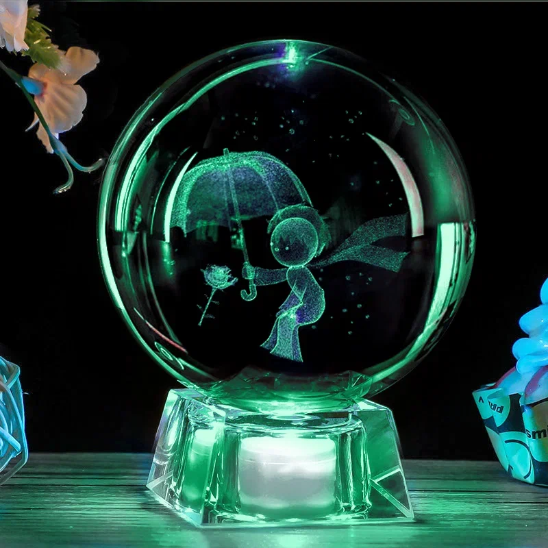 фото Светильник 3d хрустальный шар большой (диаметр 7 см) "мальчик с зонтом" зеленый qvatra