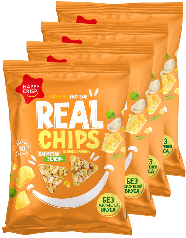 Чипсы кукурузно-рисовые Real Chips цельнозерновые пармезан с чесноком и зеленью, 4шт х 50г