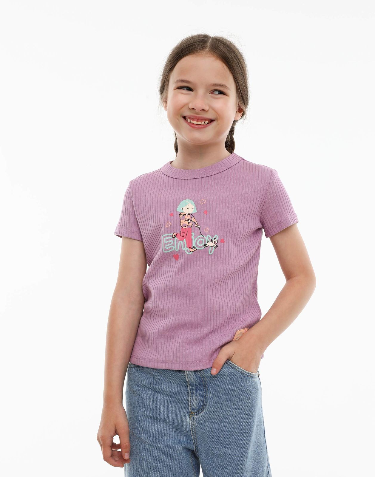 Фиолетовая приталенная футболка в рубчик с принтом для девочки GKT021478 9-10л/140