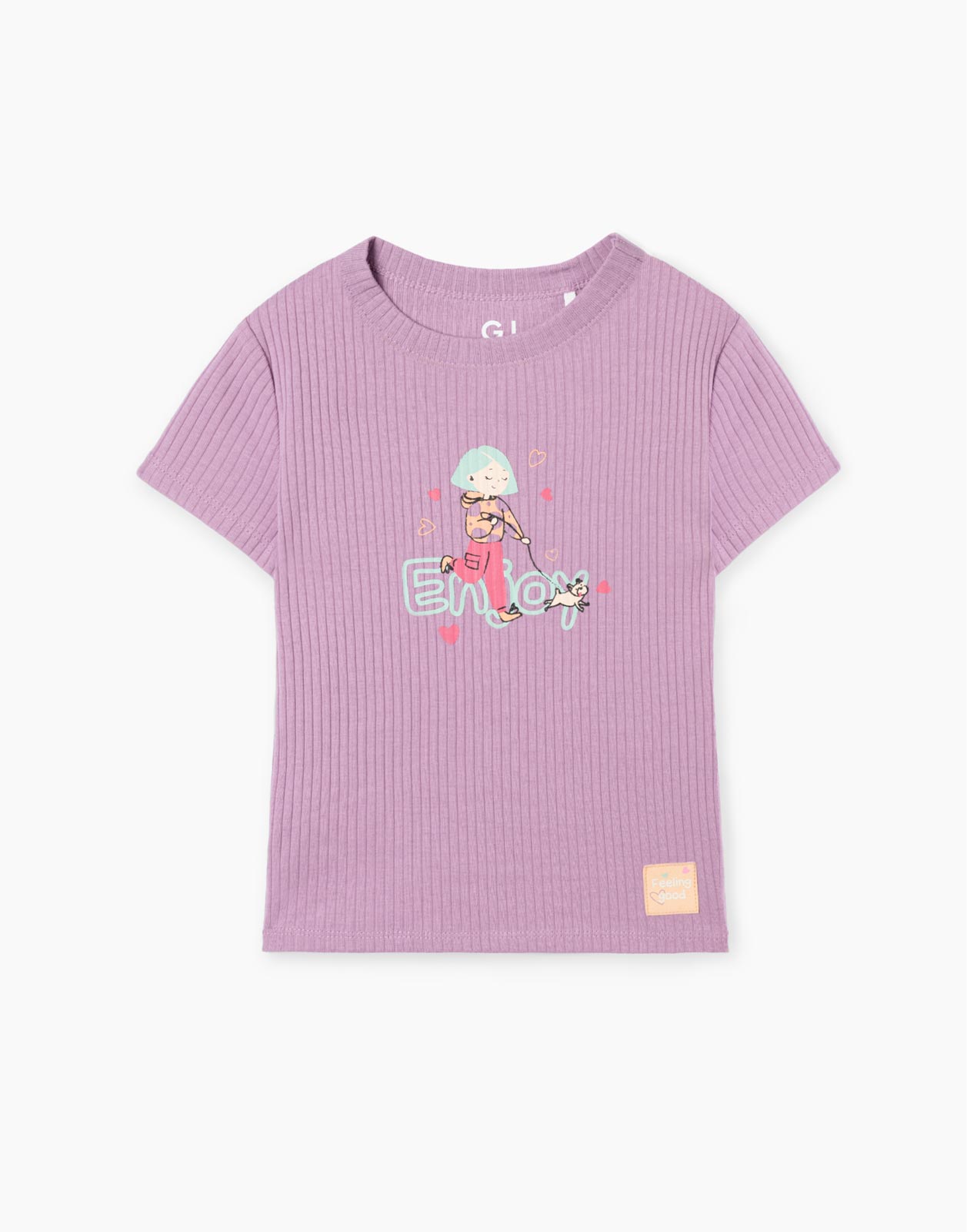 Фиолетовая приталенная футболка в рубчик с принтом для девочки GKT021478 8-9л/134