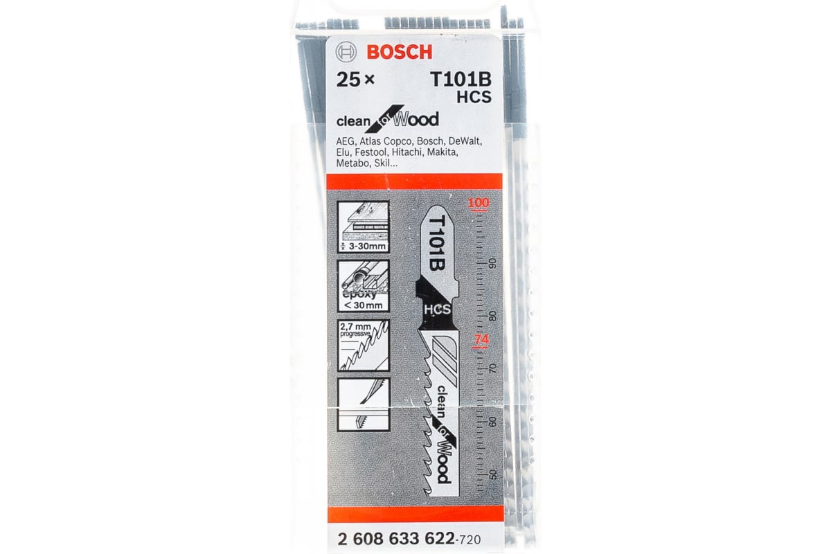 Пилки Т101В для лобзика по дереву 25 шт. (74 мм; HCS) BOSCH 2.608.633.622 пилки по дереву для лобзика bosch