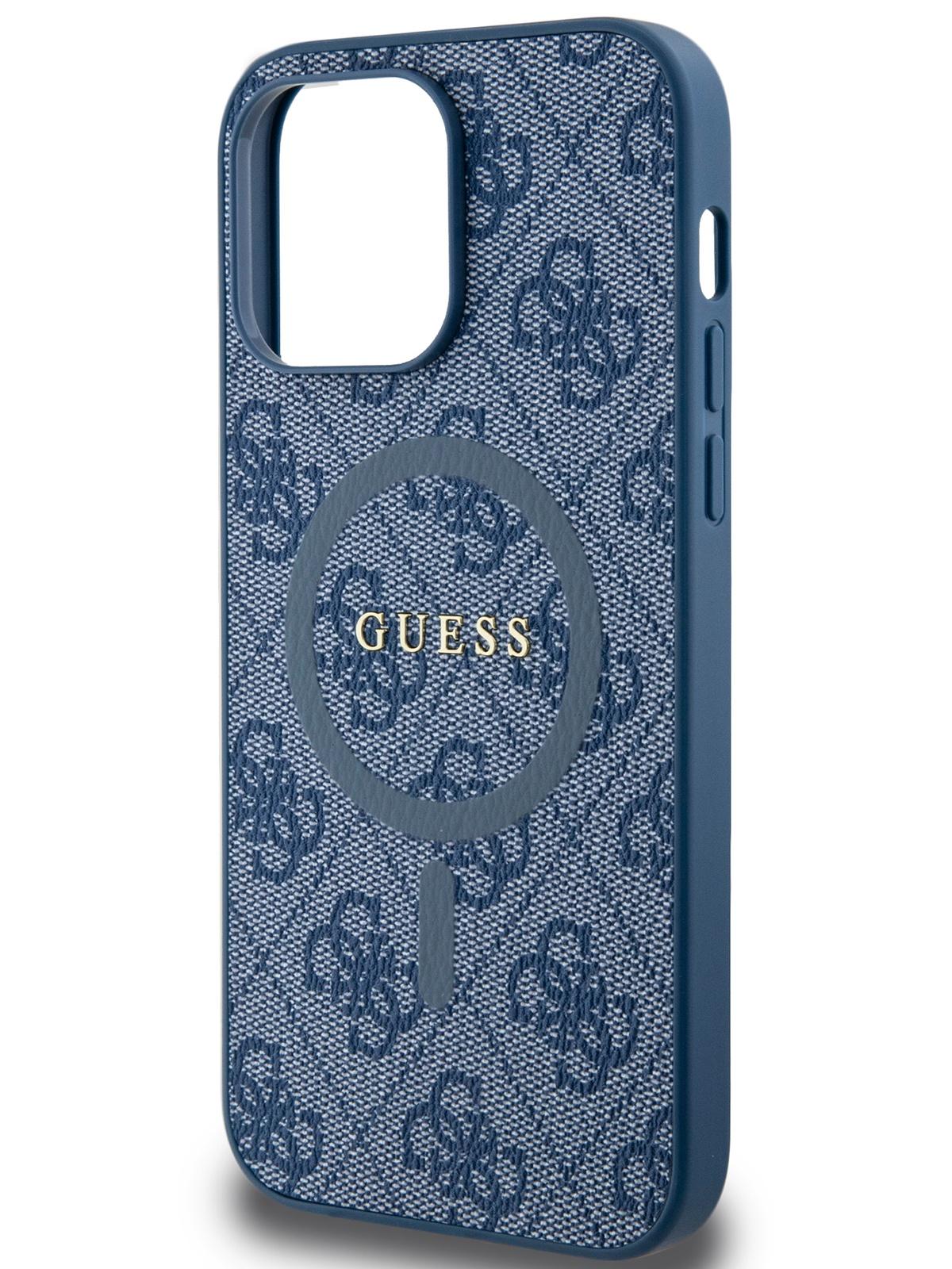 Чехол Guess для iPhone 13 Pro Max из экокожи с MagSafe Metal logo Hard Blue