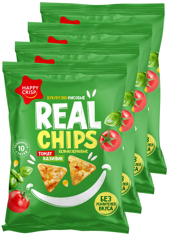 Чипсы кукурузно-рисовые Happy Crisp Real Chips цельнозерновые томат и базилик, 4 шт х 50 г