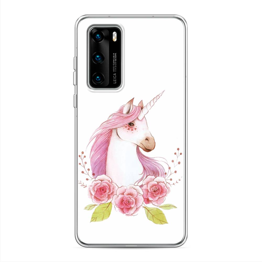 

Чехол на Huawei P40 "Единорог цветы", Белый;розовый;серый, 610850-1