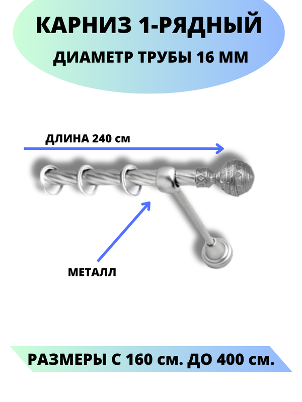 

Карниз металлический Lux Decor 1-рядный, витой, D-16 мм сатин, 2,4 м., Серый, Винтаж