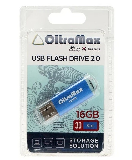 Флешка OltraMax 30, 16 Гб, USB2.0, синяя