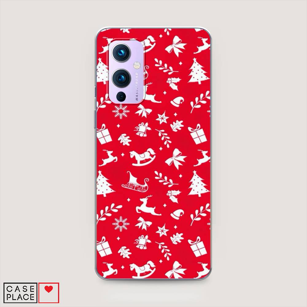 

Чехол на OnePlus 9 LE2113 "Красный новогодний фон", Красный;белый, 151450-5