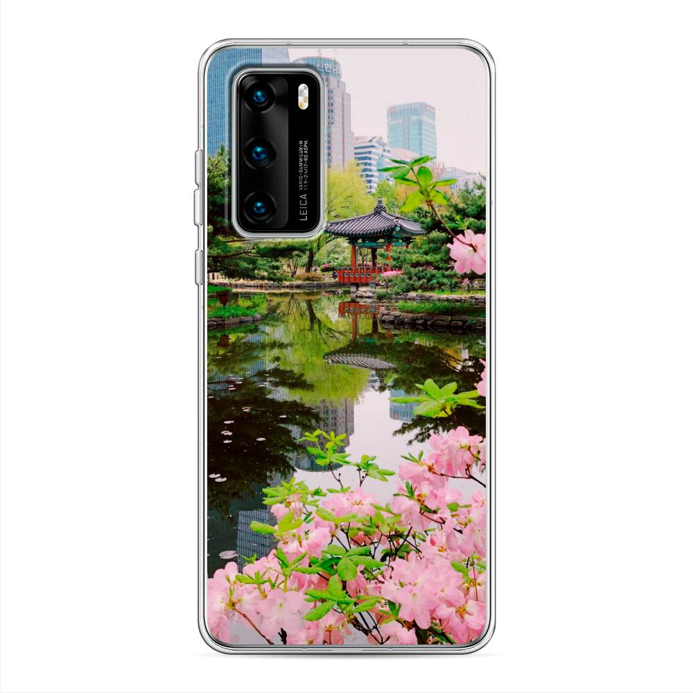 

Чехол на Huawei P40 "Сакура возле озера", Зеленый;розовый;голубой, 610850-2