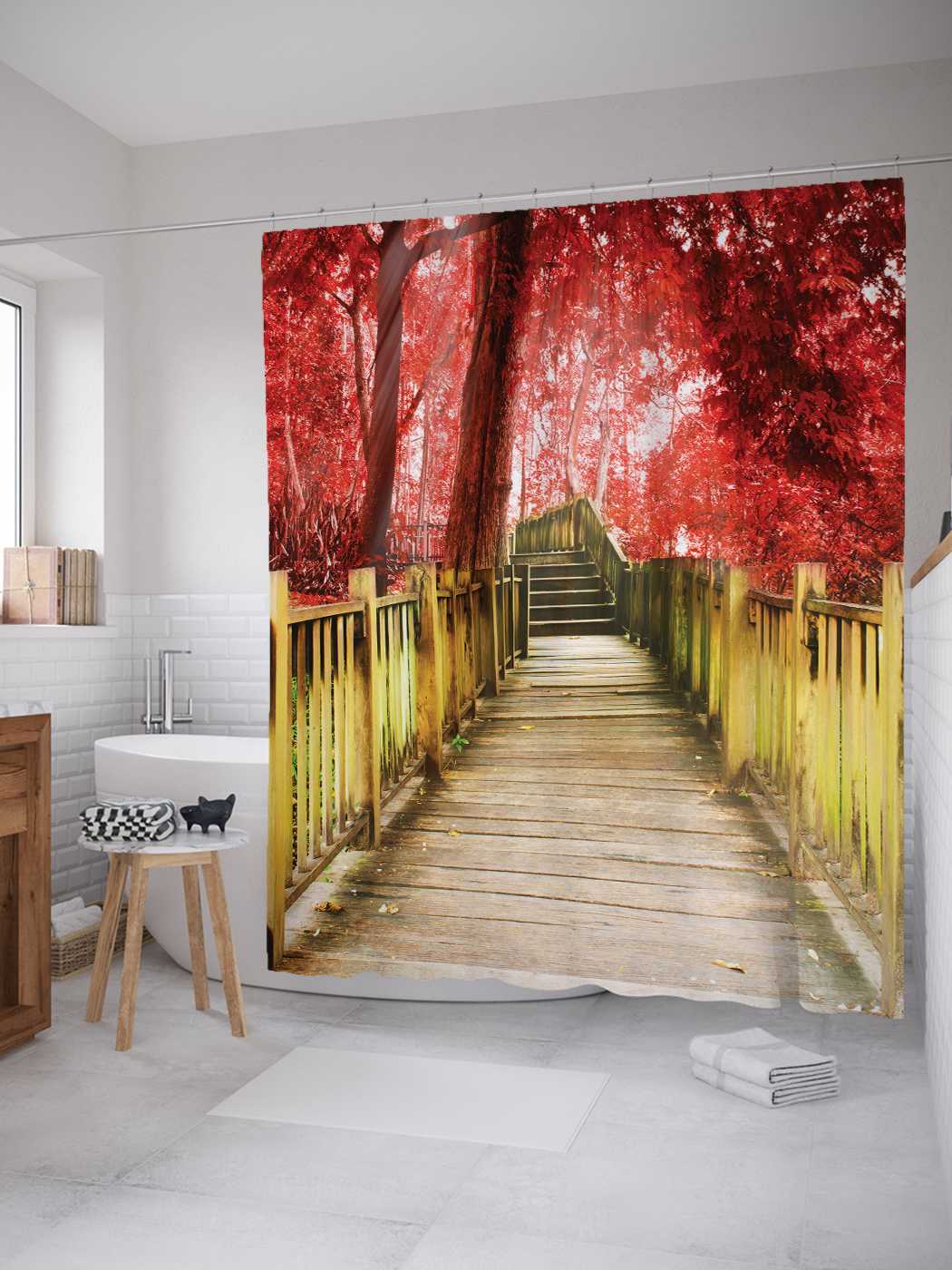 

Штора (занавеска) для ванной JoyArty "Мост в сказку" из сатена, 180х200 см с крючками, Красный