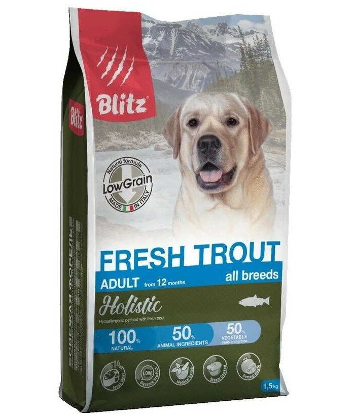 Сухой корм для собак BLITZ Holistic, малозерновой, свежая форель, 1,5кг