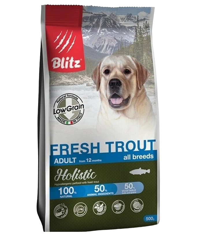 Сухой корм для собак BLITZ Holistic, малозерновой, свежая форель, 0,5кг