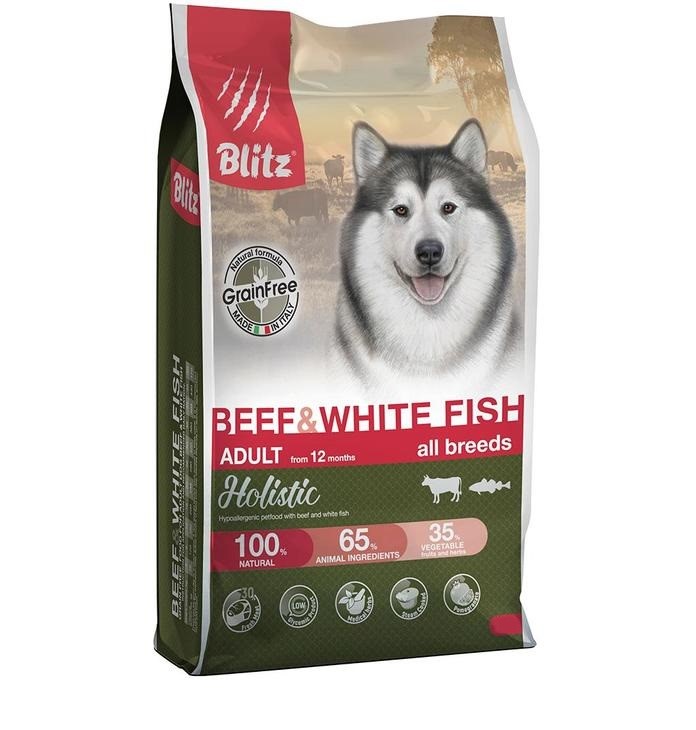 Сухой корм для собак BLITZ Holistic, беззерновой, говядина и белая рыба, 0,5кг