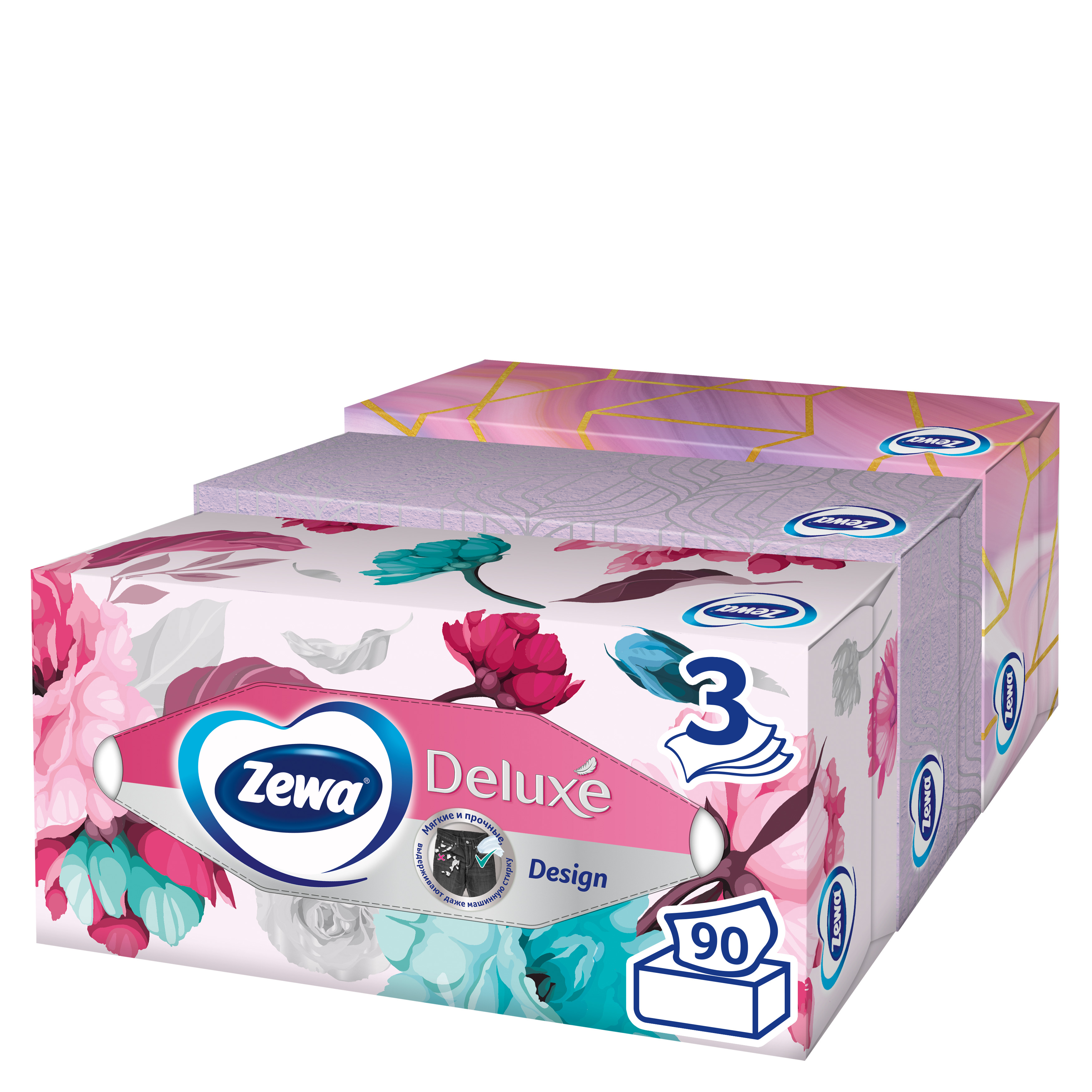 фото Салфетки бумажные косметические зева делюкс дизайн 90 шт 3 упаковки zewa