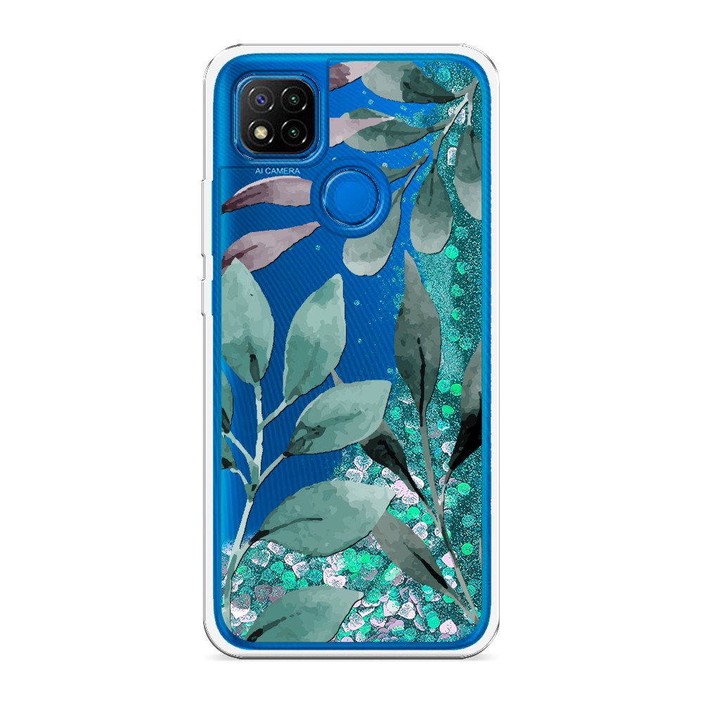 

Жидкий чехол с блестками "Листы цветов" на Xiaomi Redmi 9C