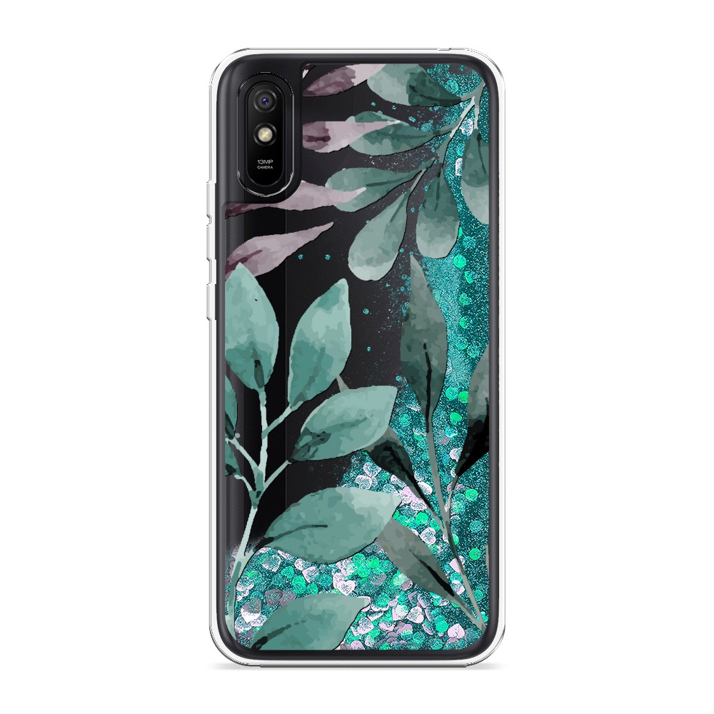 

Жидкий чехол с блестками "Листы цветов" на Xiaomi Redmi 9A