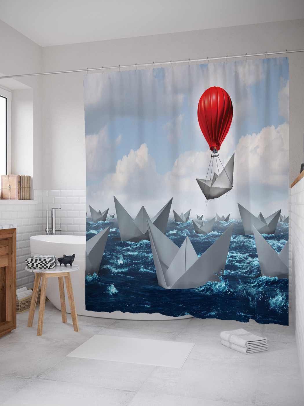 Штора для ванной JoyArty "Бумажные кораблики и воздушных шаров" 180х200 см с крючками