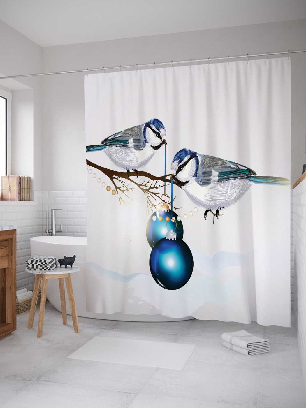 

Штора для ванной JoyArty "Рождественские воробьи" 180х200 см с крючками, Белый