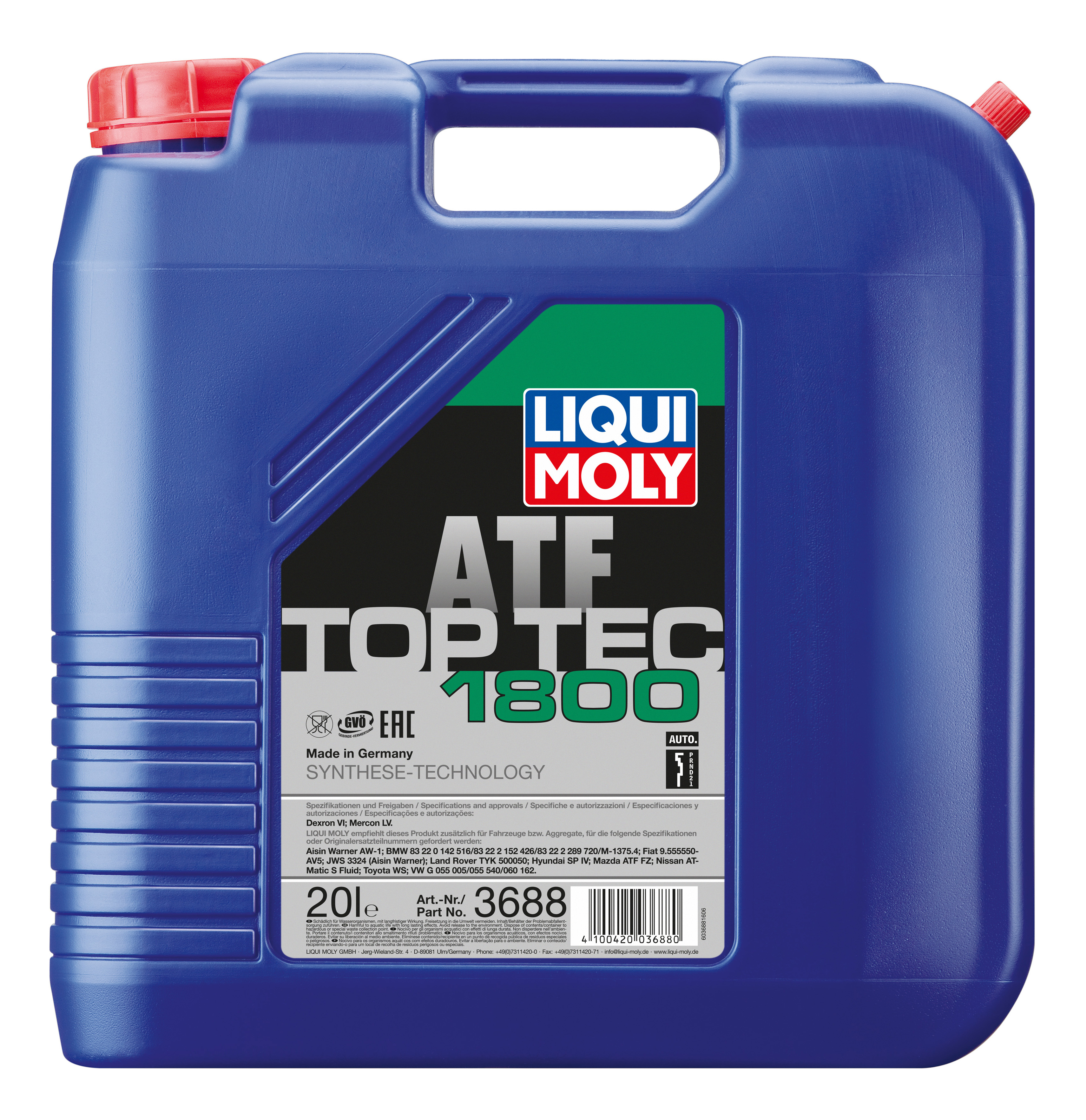 

Синтетическое трансмиссионное масло для АКПП LIQUI MOLY 3688 Top Tec ATF 1800, 20 л, МАСЛО ДЛЯ АКПП Top Tec ATF 1800 (20L)