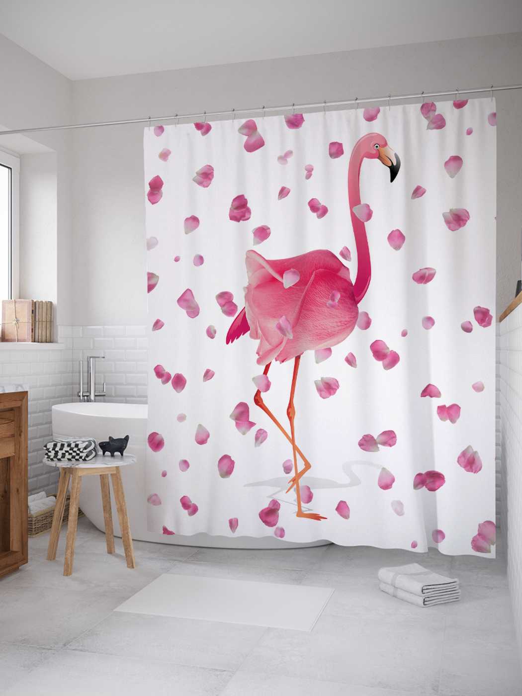 

Штора для ванной JoyArty "Лепестки над фламинго" 180х200 см с крючками, Бежевый
