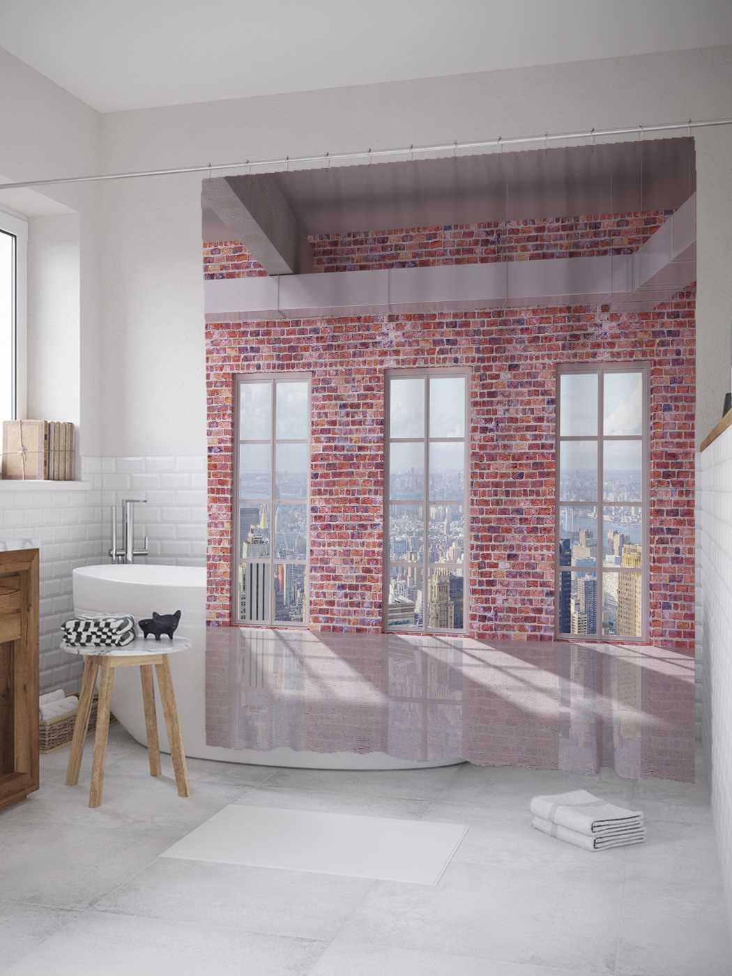 

Штора (занавеска) для ванной JoyArty "Три окна" из сатена, 180х200 см с крючками, Серый