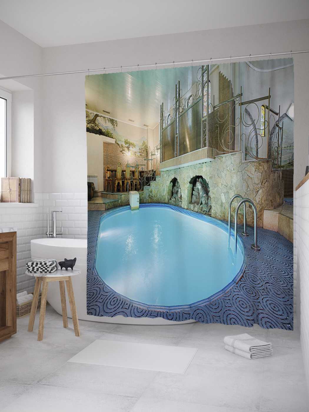 фото Штора (занавеска) для ванной joyarty "круглый бассейн" из сатена, 180х200 см с крючками