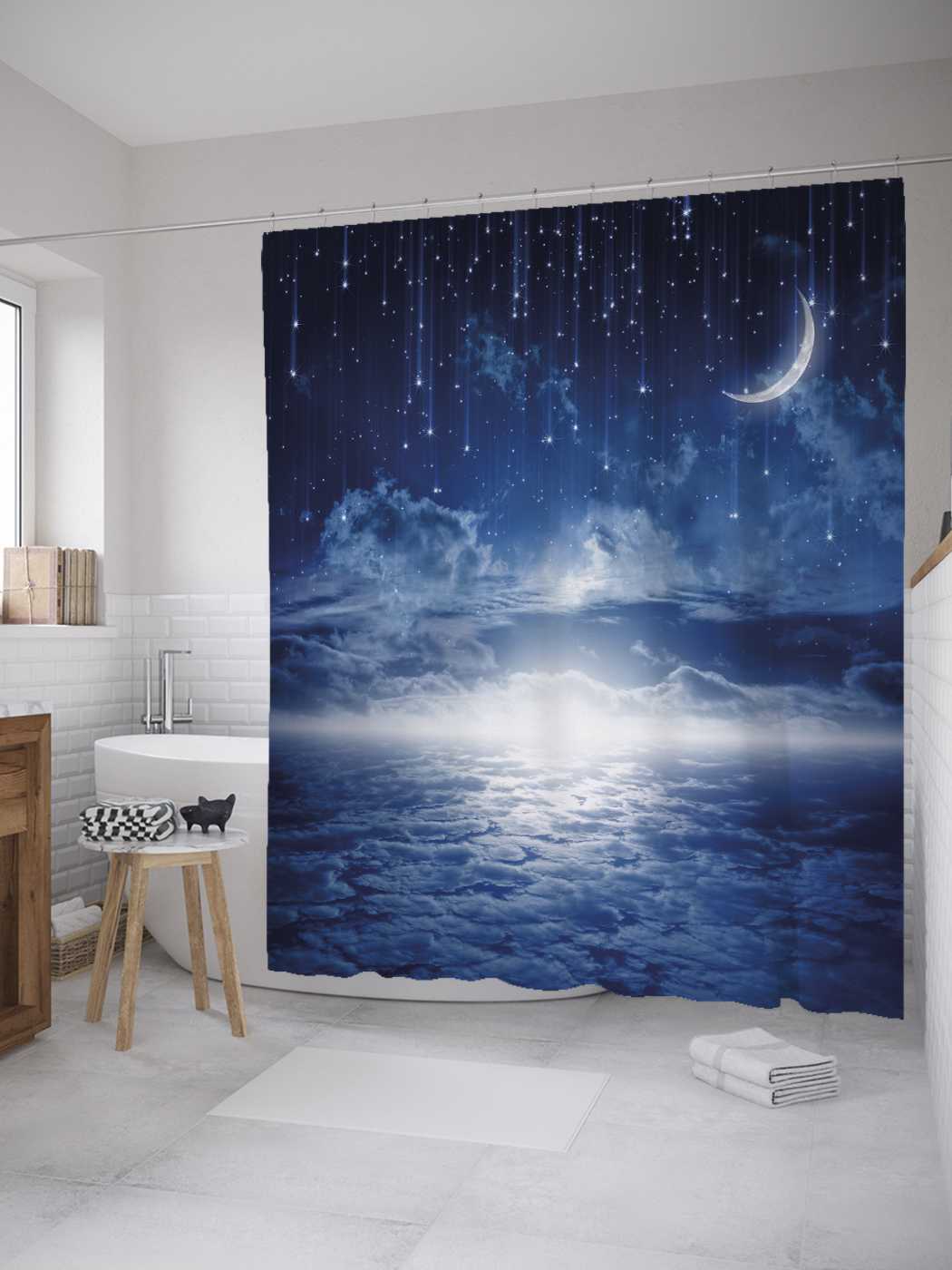 

Штора (занавеска) для ванной JoyArty "Ночной звездопад" из сатена, 180х200 см с крючками, Белый