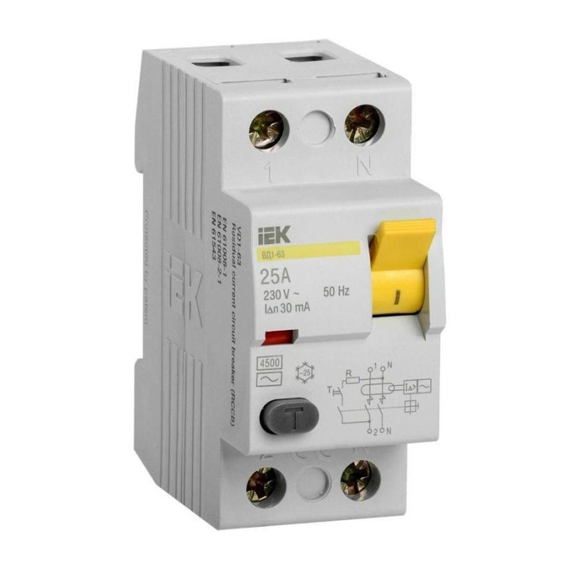 УЗО выключатель диф. тока IEK ВД1-63 2п 25А 30мА тип AC MDV10-2-025-030