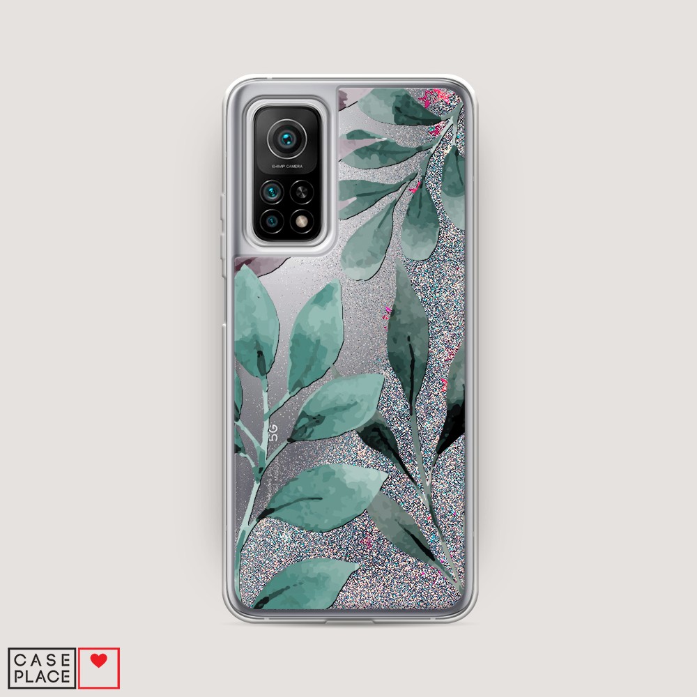 

Жидкий чехол с блестками "Листы цветов" на Xiaomi Mi 10T