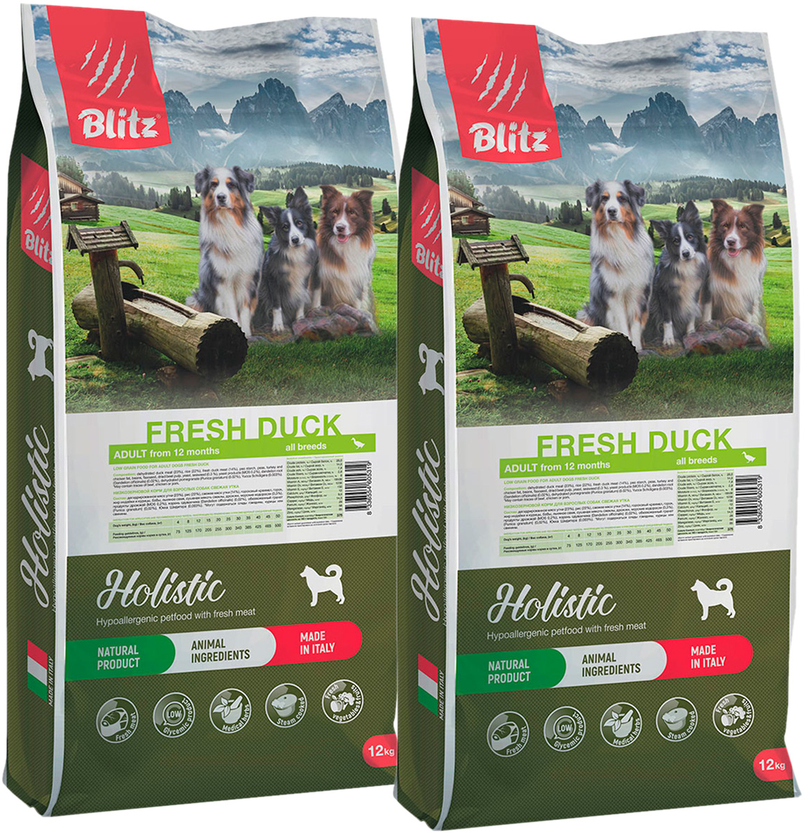 

Сухой корм для собак BLITZ HOLISTIC LOW-GRAIN ADULT FRESH DUCK, с уткой, 2шт по 12кг