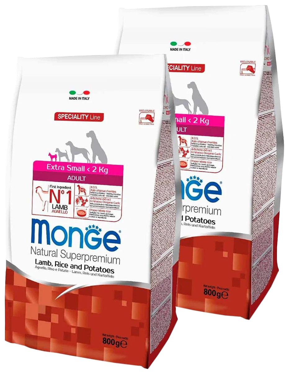 

Сухой корм для собак Monge Adult Extra Small, ягненок, картофель, рис, 2 шт по 0,8 кг